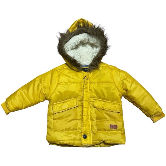 7 For All Mankind Yellow Puffy Coat Jacket Baby 12M Fur Lined Hood - Picture 1 of 7